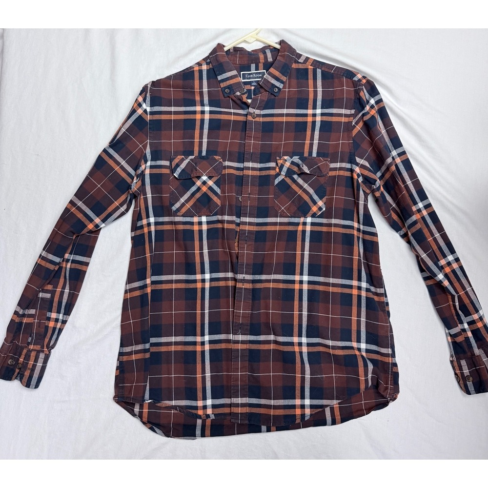 Club Room Mens Large Brown Plaid Button Down Shirt Long Sleeve Cotton Stretch